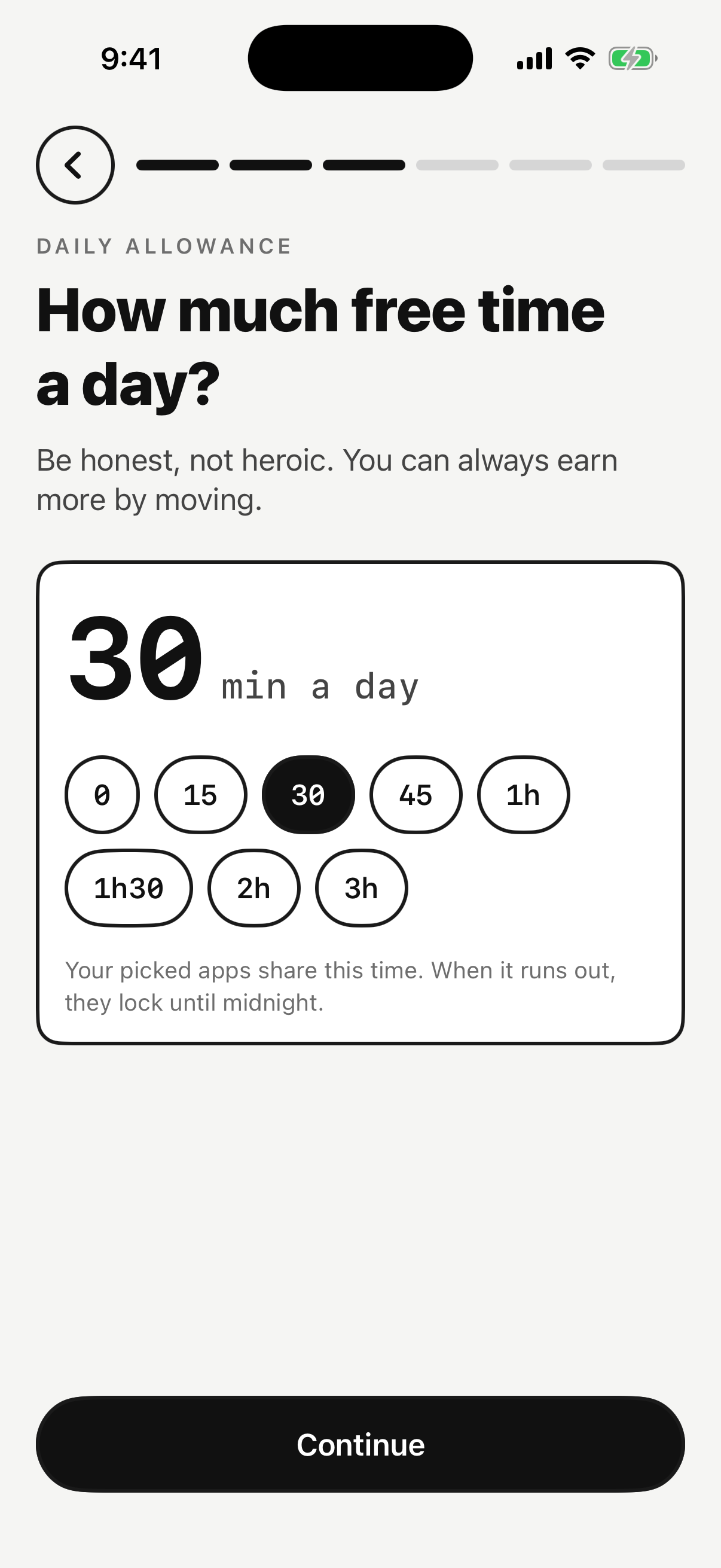 ScrollRot daily allowance screen: How much free time a day? 30 minutes selected.