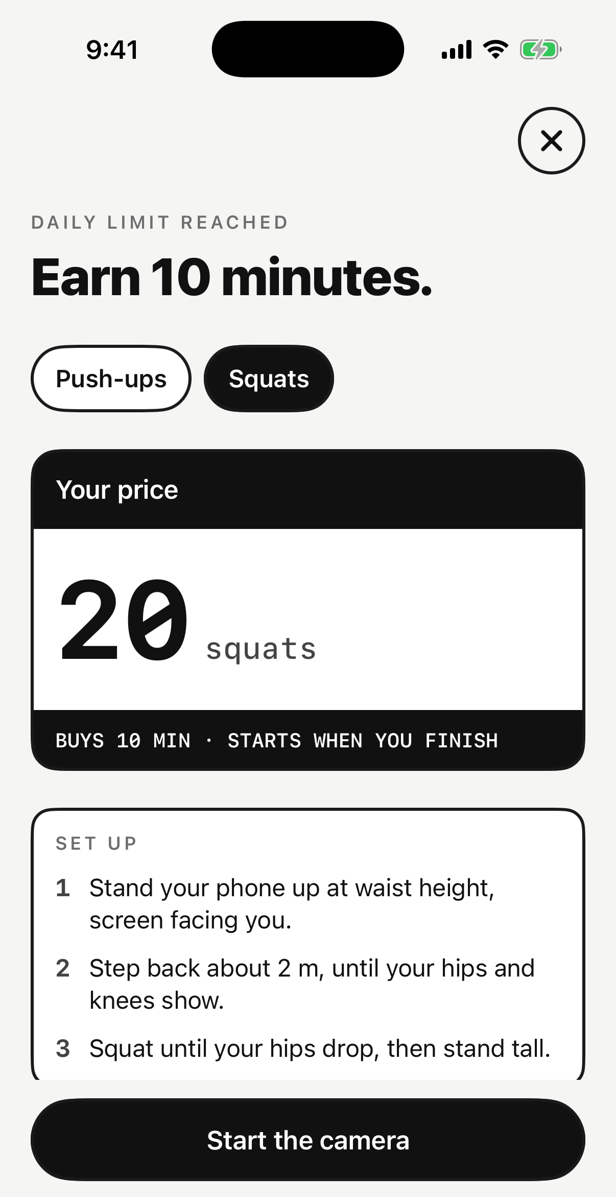 ScrollRot movement screen: Earn 10 minutes. Your price: 20 squats. Buys 10 min, starts when you finish.